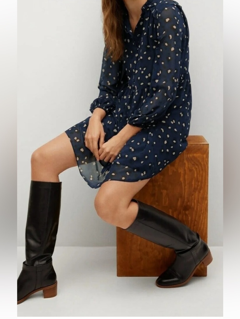Mango Flowy Navy Polka Dot Mini Dress - Picture 2 of 12